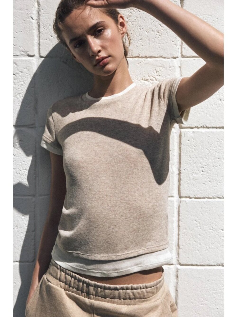 ZARA Sand Marl Layered Effect Short Sleeve T-Shirt Fitted Tee Women's Size Small - Picture 3 of 6